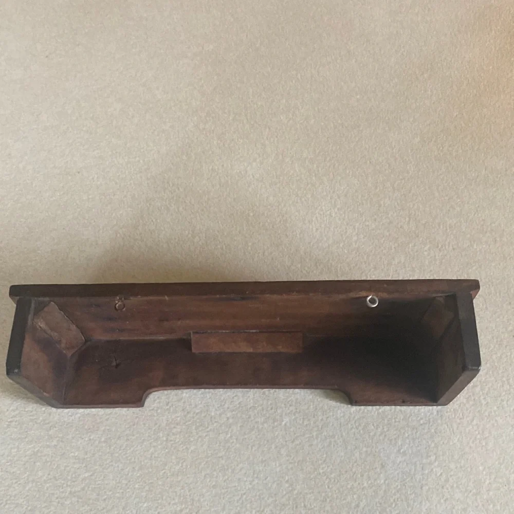 Vintage Art Deco look oak veneer wood display shelf with metal rings for hanging